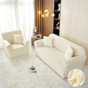 Set huse elastice din catifea pentru canapea 3 locuri + 2 fotolii, cu brate, crem, HCCJS-03