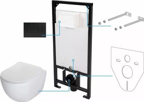 Set vas WC suspendat Deante Peonia Zero alb cu cadru de toaleta, rezervor ascuns si buton de actiune negru