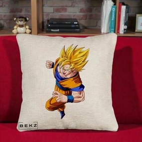 Perna Personalizata Dragon Ball Goku Super Saiyan 2 Lupta, 40x40 cm, Bej Canapea, Husa Detasabila, Perna Inclusa, BEKZ®