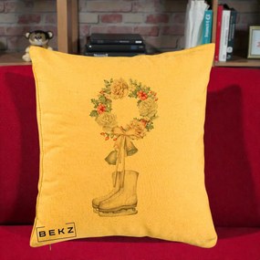 Perna Decorativa Patine cu Coroana Florala de Craciun, 40x40 cm, Galben, Husa Detasabila, Perna Inclusa, BEKZ®