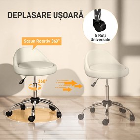HOMCOM Taburet cu Roți, Șezut Rotativ, Înălțime Reglabilă și Înveliș din Piele Ecologică PU, Alb | Aosom Romania