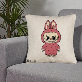 Perna Personalizata Labubu Roz Solo, 40x40 cm, Bej Canapea, Husa Detasabila, Perna Inclusa, BEKZ®