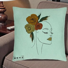 Perna Decorativa Portret Feminin Trandafiri Ruginii, 40x40 cm, Verde Menta, Husa Detasabila, Perna Inclusa, BEKZ®