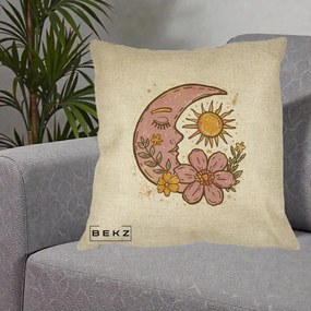 Perna Personalizata Luna si Soare Floral Boho, 40x40 cm, Crem, Husa Detasabila, Perna Inclusa, BEKZ®