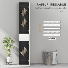 Kleankin Coloană de Baie Înaltă, Mobilier cu 2 Dulapuri, Sertar și Rafturi Reglabile din Lemn, 30x28x180 cm, Negru | Aosom Romania