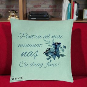 Cadou pentru Nas - Perna Personalizata Pentru Cel mai Minunat Nas Cu drag Finii, 40x40 cm, Verde Menta, Husa Detasabila, Perna Inclusa, BEKZ®