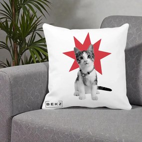 Perna Decorativa Pisica Star Pop Art, 40x40 cm, Alba Mata, Husa Detasabila, Perna Inclusa, BEKZ®