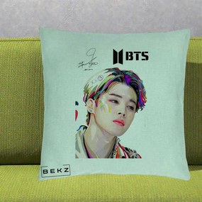 Perna Personalizata K-pop BTS Jimin Portret Artistic Multicolor cu Autograf, 40x40 cm, Verde Menta, Husa Detasabila, Perna Inclusa, BEKZ®