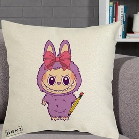 Perna Personalizata Labubu Mov cu Funda Rosie si Creion, 40x40 cm, Ecru, Husa Detasabila, Perna Inclusa, BEKZ®