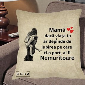 Cadou pentru Mama - Perna Personalizata Mama Nemuritoare Gravura Vintage, 40x40 cm, Crem, Husa Detasabila, Perna Inclusa, BEKZ®