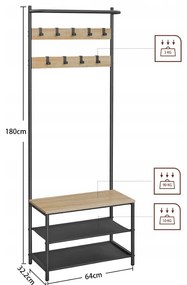 Perete de hol metalic LOFT 180 cm, negru/dub sonoma