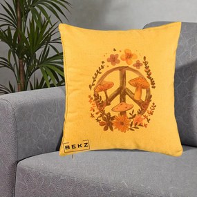 Perna Decorativa Peace Sign Ciuperci Floral, 40x40 cm, Galben, Husa Detasabila, Perna Inclusa, BEKZ®