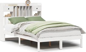 vidaXL Pat cu bibliotecă fără saltea, alb, 135x190 cm, lemn masiv pin