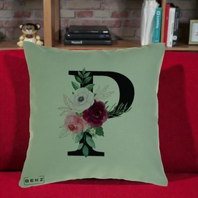 Cadou Personalizat - Perna Personalizata Monograma Florala Litera P, 40x40 cm, Verde, Husa Detasabila, Perna Inclusa, BEKZ®
