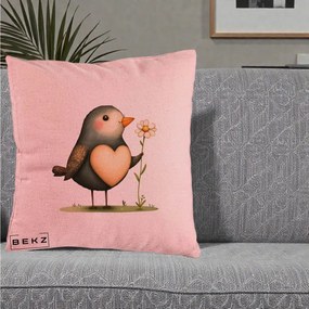 Perna Decorativa Pasare cu Inima si Margareta, 40x40 cm, Roz, Husa Detasabila, Perna Inclusa, BEKZ®