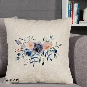 Perna Decorativa Buchet Flori Albastre Acuarela, 40x40 cm, Bej Canapea, Husa Detasabila, Perna Inclusa, BEKZ®