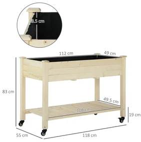 Outsunny Pat Grădină Legume Înălțat Lemn cu Roți, Jardiniera Înălțată cu Raft Inferior, 118x55x83cm, Natural | Aosom Romania