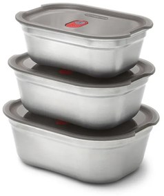 Set 3 cutii alimentare Black+Blum Meal Prep FBSS-BX-PACK1, 0.6/0.9/1.2 l, Dreptunghiular, Rezistent la cuptor, Fara BPA, oțel inoxidabil, gri