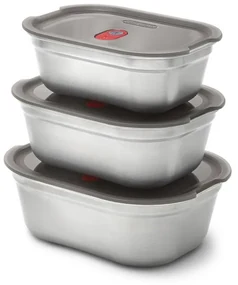 Set 3 cutii alimentare Black+Blum Meal Prep FBSS-BX-PACK1, 0.6/0.9/1.2 l, Dreptunghiular, Rezistent la cuptor, Fara BPA, oțel inoxidabil, gri