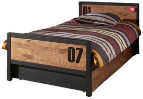 Pat Copii ALEX 90x200 cm, Somieră Inclusă, Pin Masiv și Metal Negru, cu Sertar Multifuncțional – Vipack
