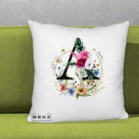 Cadou Personalizat - Perna Personalizata Monogram Litera A cu Flori Acuarela, 40x40 cm, Alb Pufos, Husa Detasabila, Perna Inclusa, BEKZ®