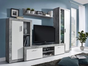 Mobilă pentru sufragerie Bristol 104 Beton, Alb, Părți separate, Cu comodă tv, PAL laminat, Sticlă călită, 185x260x42cm