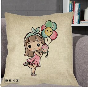 Perna Decorativa Fetita Kawaii cu Baloane si Cupcake, 40x40 cm, Crem, Husa Detasabila, Perna Inclusa, BEKZ®