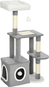 PawHut Ansamblu de joacă zgârietoare pentru pisici cu căsuță, pat și 2 mingi, din lemn și pluș, 55x40x107 cm, gri și alb | Aosom Romania