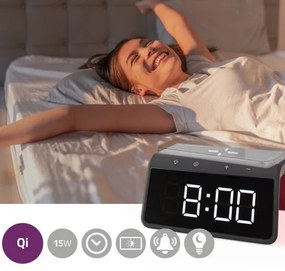 Nedis WCACQ30BK - Ceas cu alarmă, ecran LCD și încărcător wireless 15W/5V negru