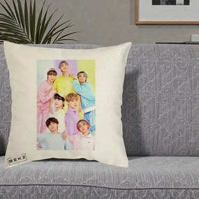 Perna Personalizata K-pop BTS Foto Grup Pastel Colorat cu 7 Membrii, 40x40 cm, Ecru, Husa Detasabila, Perna Inclusa, BEKZ®