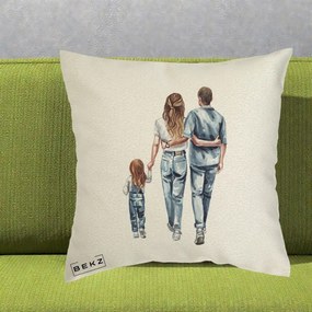 Cadou pentru Familie - Perna Personalizata Familie Acuarela Jeans, 40x40 cm, Ecru, Husa Detasabila, Perna Inclusa, BEKZ®