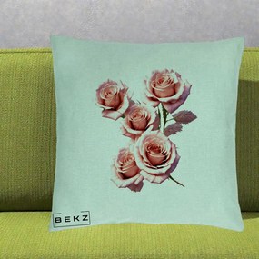 Perna Decorativa Trandafiri Roz Pastel Acuarela, 40x40 cm, Verde Menta, Husa Detasabila, Perna Inclusa, BEKZ®