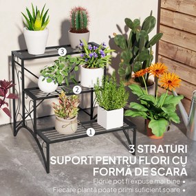 Outsunny Raft pentru Plante cu 3 Niveluri din metal, 60x60x60 cm, Negru | Aosom Romania