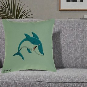 Perna Decorativa Rechin Albastru Cartoon, 40x40 cm, Verde, Husa Detasabila, Perna Inclusa, BEKZ®