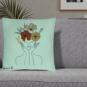 Perna Decorativa Portret Feminin Coroana Trei Flori, 40x40 cm, Verde Menta, Husa Detasabila, Perna Inclusa, BEKZ®