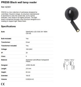 Aplica cu reader LED stil modern minimalist PRESS Black