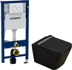 Pachet vas wc negru mat Rune Jord, capac slim softclose si set rezervor wc cu cadru incastrat Geberit Duofix si clapeta alba Delta20