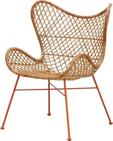 Scaun dining tip fotoliu împletit din ratan, bej, cu spătar în formă de fluture și picioare portocalii din metal, 89,5 x 67,5 x 66 cm, „Tangerine”