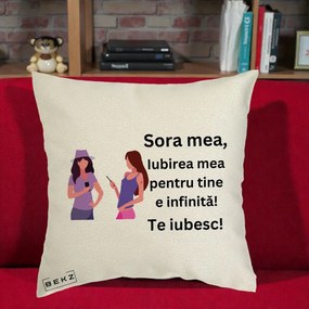 Cadou pentru Sora - Perna Personalizata Sora Mea Te Iubesc Doua Fete cu Telefoane, 40x40 cm, Ecru, Husa Detasabila, Perna Inclusa, BEKZ®