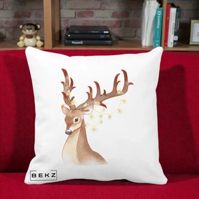 Perna Decorativa Ren cu Luminite de Craciun, 40x40 cm, Alba Mata, Husa Detasabila, Perna Inclusa, BEKZ®