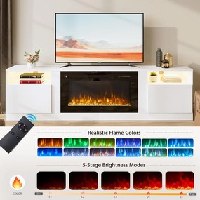 Comodă TV cu șemineu electric LED integrat – 178×35×59 cm, 12 culori flacără, Încălzire 750/1500 W, Telecomandă, Alb