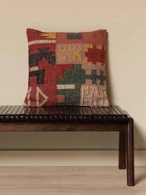 Pernă decorativă din lână și bumbac, multicolor, țesătură kilim în nuanțe de cărămiziu, verde și galben, finisaj artizanal, 50 x 50 cm, „Tikana”