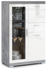 Mazzoni Comodă SIMPLE KWD3SZ1 Beton Millennium/Alb Luciu - VITRINA DULAP CU RAFTURI PENTRU LIVING STICLĂ CU LUCIU