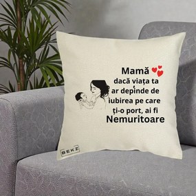 Cadou pentru Mama - Perna Personalizata Mama Nemuritoare Imbratisare Copil, 40x40 cm, Ecru, Husa Detasabila, Perna Inclusa, BEKZ®