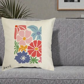 Perna Decorativa Flori Grafice Roz-Rosu-Albastru, 40x40 cm, Ecru, Husa Detasabila, Perna Inclusa, BEKZ®