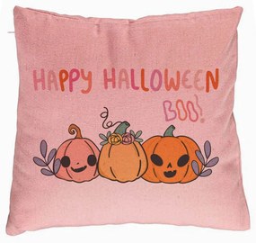 Perna Decorativa cu motiv Dovleac si Text de Halloween, Multicolor, 40x40 cm, Roz, Husa Detasabila, Burduf