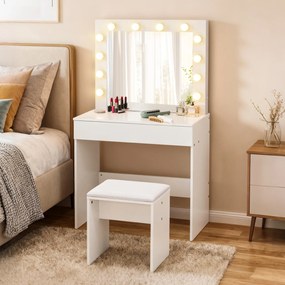 HOMCOM Masă de Machiaj Vintage cu Scaun Tapitat, Oglindă cu 12 Lămpi LED, Sertar Mare, MDF Alb, pentru Dormitor | Aosom Romania