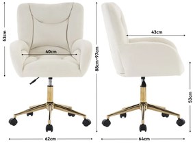 Scaun rotativ reglabil pe înălțime, din material de catifea și picioare aurii, design ergonomic, pentru birou, dormitor, 62x64x88-97 cm, Fildeș