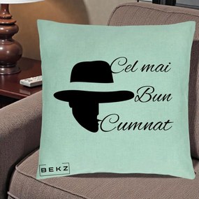 Cadou pentru Cumnat - Perna Personalizata Cel mai Bun Cumnat cu Silueta Palarie, 40x40 cm, Verde Menta, Husa Detasabila, Perna Inclusa, BEKZ®
