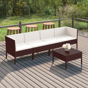 Set mobilier de gradina cu perne, 5 piese, maro, poliratan 2x colt + 2x mijloc + masa, 1